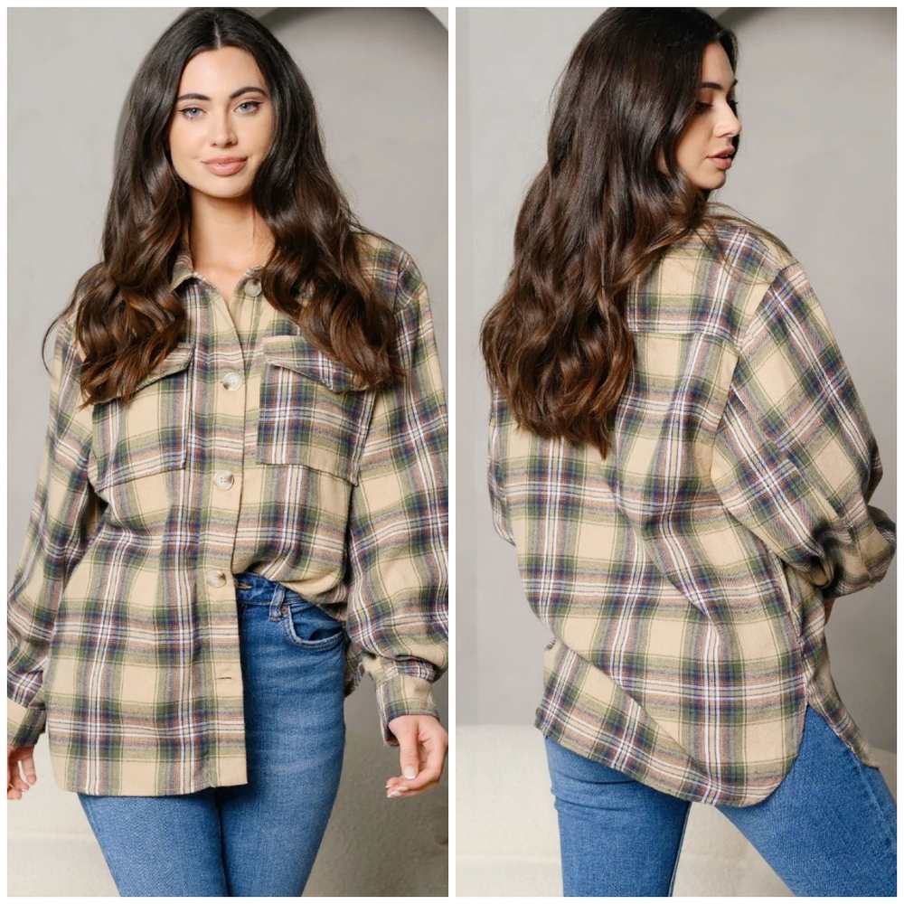 PEACH LOVE CALIFORNIA Oversized Taupe And Olive Plaid Flannel Top - Picture 6 of 6
